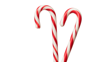 Two classic red and white striped candy canes stand against a solid transparent background, iconic holiday treats perfect for festive designs. background removed