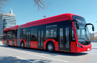 Fototapeta premium Red articulated trolleybus stands at station. Modern public transport vehicle with multiple doors waits for passengers. City transportation system moves people efficiently.