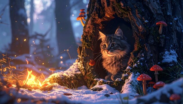 Fluffy cat sitting in a tree trunk hollow, surrounded by red mushrooms, a campfire, and a snowy forest