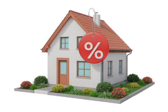 A 3D rendered white house with a red percentage tag, signifying a sale, discount, or interest rate. Surrounded by lush landscaping. background removed