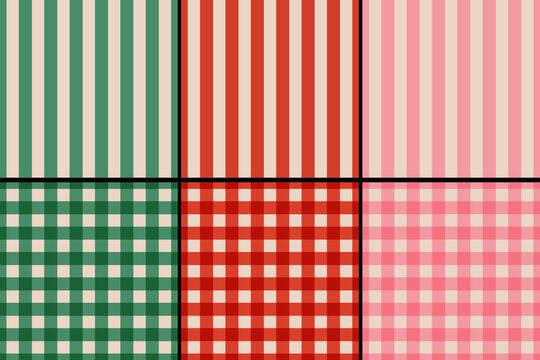 Vector set of retro classic geometric patterns for Christmas and New year. Vintage seamless gingham, plaid and striped patterns for winter holidays.
