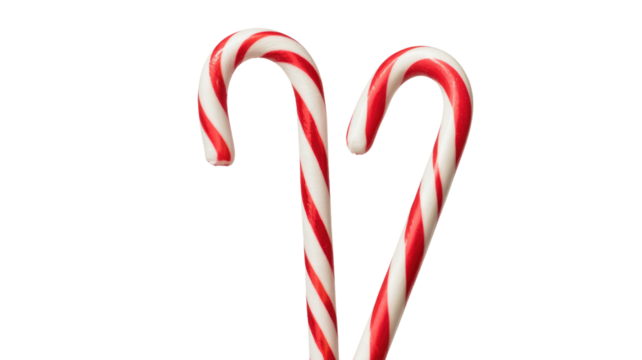 Two classic red and white striped candy canes stand against a solid transparent background, iconic holiday treats perfect for festive designs. background removed