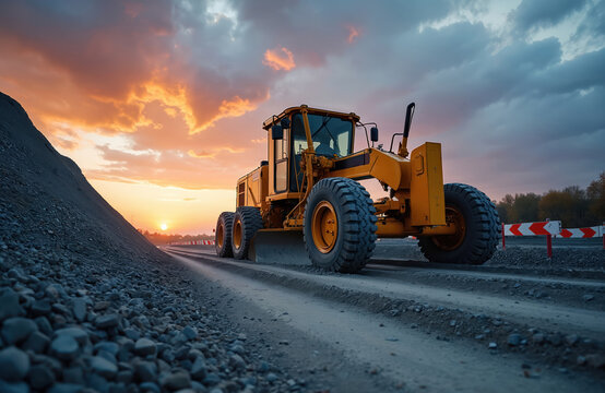 Yellow motor grader levels dirt road at sunset. Heavy machine prepares ground for new construction project. Industrial vehicle works on earth.