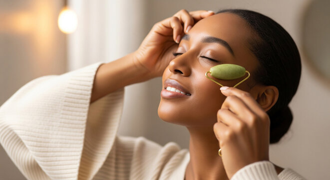 Relaxed African American woman with glowing smooth skin uses a jade roller under her eye, enjoying calm skincare massage in warm cozy light.
