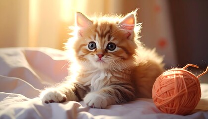 Fluffy, orange-striped kitten lies near a ball of yarn on white bed, bathed in warm light