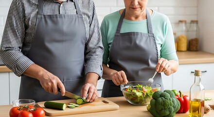 Senior couple preparing fresh salad together in modern kitchen setting
