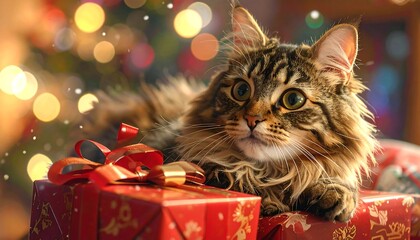 Fluffy tabby cat resting on red Christmas gifts, with blurred tree lights in background, warm inviting atmosphere