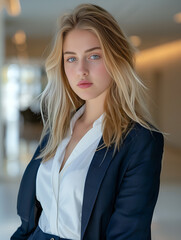 Portret młodej bizneswoman w eleganckim garniturze – kobiecy profesjonalizm, pewność siebie i wizerunek sukcesu