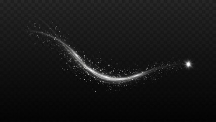 White magic light swirl. Shining silver spiral lines with glowing effect. Glowing white spiral light effect. Bright swirl with sparkle and shimmer isolated on transparent background.