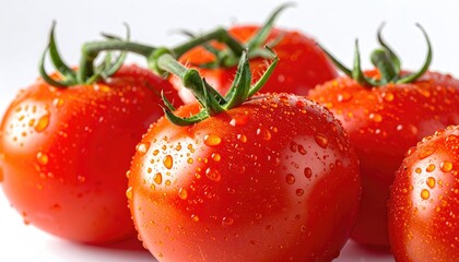 Close Up Macro Studio Shot of Fresh Ripe Red Tomatoes Covered in Water Droplets on White Background With Soft Natural Lighting