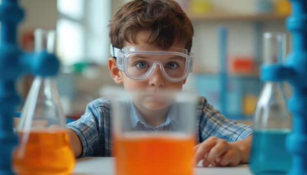 Young boy wears safety goggles performing science experiment with colorful liquids in lab beakers. Child learns chemistry in classroom, engaged in educational activity and discovery.