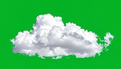 Fluffy white cloud isolated against a bright green background, showcasing its soft texture and rounded shape