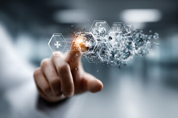Doctor using futuristic digital touchscreen interface with medical icons and virus molecule representing advanced healthcare technology
