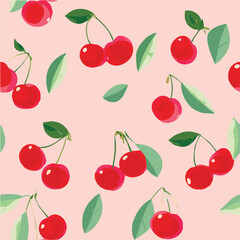 Seamless vector pattern of red cherries with green leaves