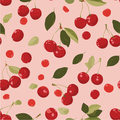 Seamless vector pattern of red cherries with green leaves