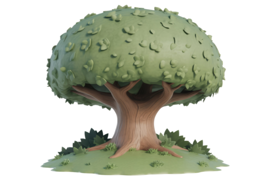Charming 3D cartoon tree featuring a lush green canopy, sturdy brown trunk, and a small grassy base with bushes. background removed