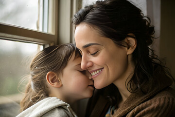 Czuła chwila bliskości matki z córką przy oknie – miłość rodzinna, bezpieczeństwo i bezwarunkowe emocje.