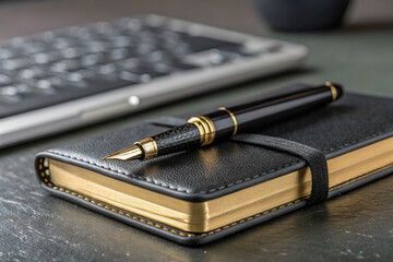 Elegancki skórzany notatnik z piórem na biurku – stylowy dodatek biurowy, planowanie i organizacja pracy.
