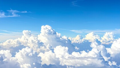 Fluffy white clouds against a blue sky, aerial view. Pure and bright, capturing atmosphere and depth