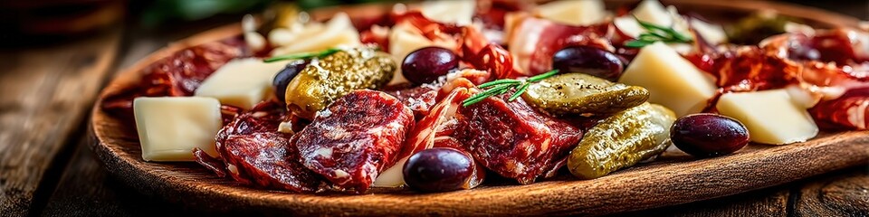 Obraz premium Swiss raclette melted cheese with potatoes, charcuterie, gherkins, and olives on wooden board
