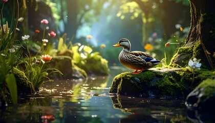 Duck rests on a mossy rock in a lush, sun-drenched forest stream, surrounded by vibrant wildflowers and green foliage