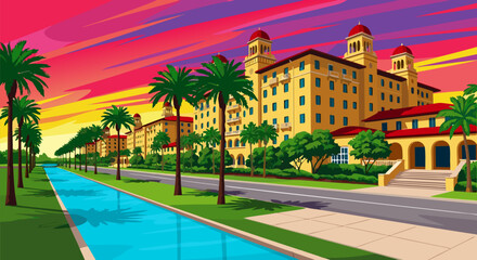 Fototapeta premium Cartoon View of a Sunny Resort Hotel with Palm Trees and Waterway