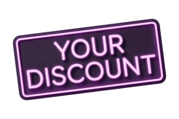 A vibrant pink neon sign displaying 'YOUR DISCOUNT' on a dark rectangular plaque, perfect for promotions, sales, and special offers. background removed