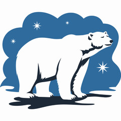 Polar bear silhouette on snowy landscape under stars &ndash; Suitable for winter themes, nature prints, or wildlife protection messages