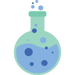 Simple illustration of a laboratory flask with blue liquid and bubbles against a clean white background