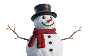 A cheerful snowman with a black top hat, red scarf, carrot nose, and twig arms against a transparent background. background removed