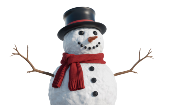 A cheerful snowman with a black top hat, red scarf, carrot nose, and twig arms against a transparent background. background removed