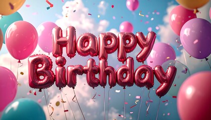 Festive scene with balloon lettering saying 'Happy Birthday' amid colorful balloons and confetti against a sky backdrop