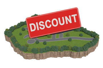A 3D rendering shows a prominent red 'DISCOUNT' sign hovering above a miniature island with lush green landscape, roads, and trees. background removed