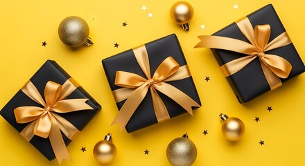 Elegant black gift boxes with golden ribbons and decorations on yellow backdrop