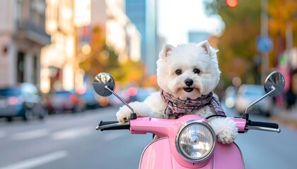 Fluffy white dog with scarf rides pink scooter in a city with autumn leaves and blurry cars in the background