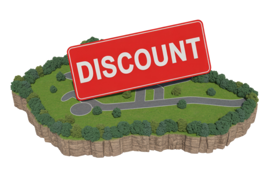 A 3D rendering shows a prominent red 'DISCOUNT' sign hovering above a miniature island with lush green landscape, roads, and trees. background removed