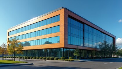 Fototapeta premium Modern office building exterior with glass facade, wood panels. Eco friendly corporate architecture on clear day. Innovative facade design meets contemporary architectural standards for sustainable