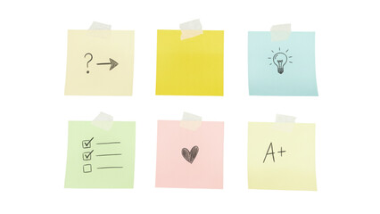 Sticky notes with question mark, arrow, lightbulb, heart, checklist, plus grade for organization