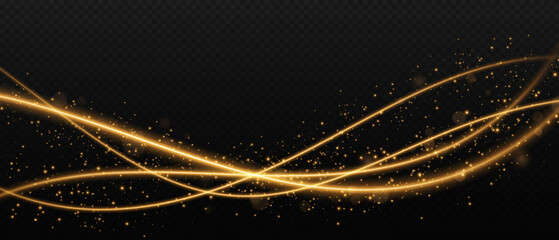 Fototapeta premium Gold light wave or rope with sparkle and glow effect. Curved shiny line for decoration, banner, or festive design, isolated on transparent background.