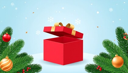 Festive scene with open red gift box surrounded by pine branches, ornaments, and falling snow on a light blue background