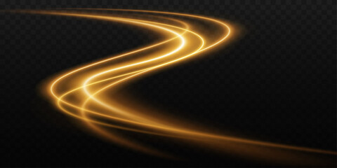 Golden light effect with swirls, curved lines, and a bright glow. Festive ribbon isolated on a transparent background.