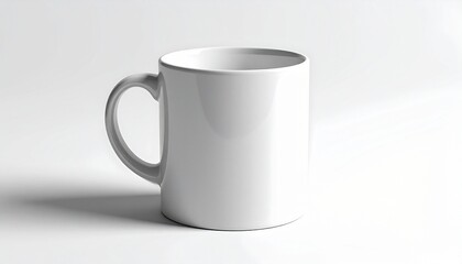 Fototapeta premium Plain white ceramic mug with rounded handle on a light gray background and soft shadows.