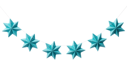 A beautiful garland featuring seven teal origami stars strung together, creating a festive and decorative display. background removed
