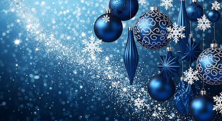 Elegant blue Christmas ornaments and snowflakes on a sparkling background