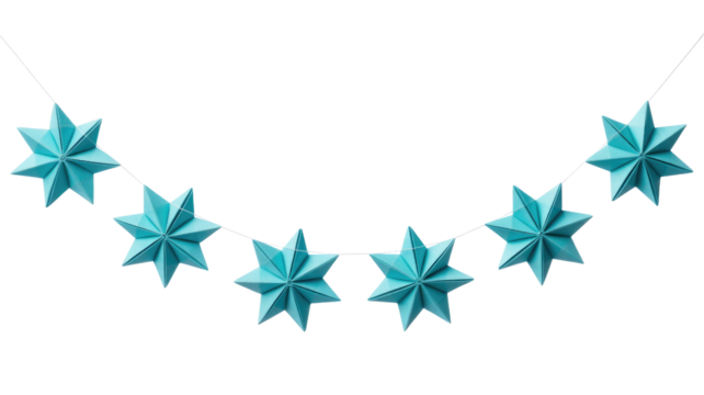 A beautiful garland featuring seven teal origami stars strung together, creating a festive and decorative display. background removed