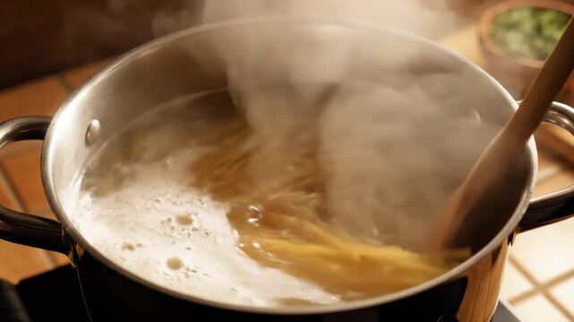 Cooking Spaghetti in Boiling Water With Wooden Spoon, Food Preparation
