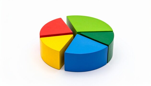 Glossy 3D pie chart with six colorful segments—red, orange, yellow, blue, purple, and green—on a white background.
