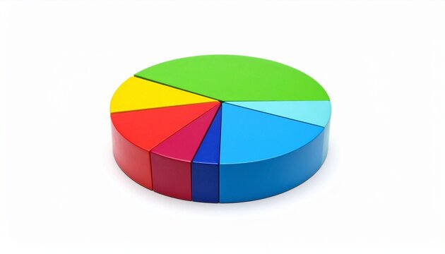 Glossy 3D pie chart with six colorful segments—red, orange, yellow, blue, purple, and green—on a white background.
