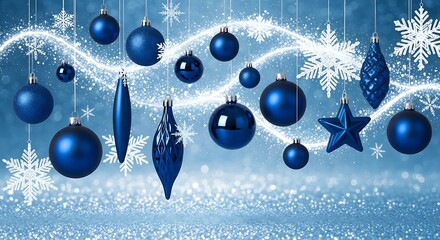 Elegant blue christmas ornaments with snowflakes and glitter background for holiday season
