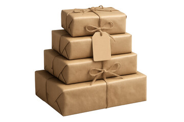 Group of stacked parcels, wrapped in recyclable kraft paper with rustic twine and a blank label, ready for mail or celebration